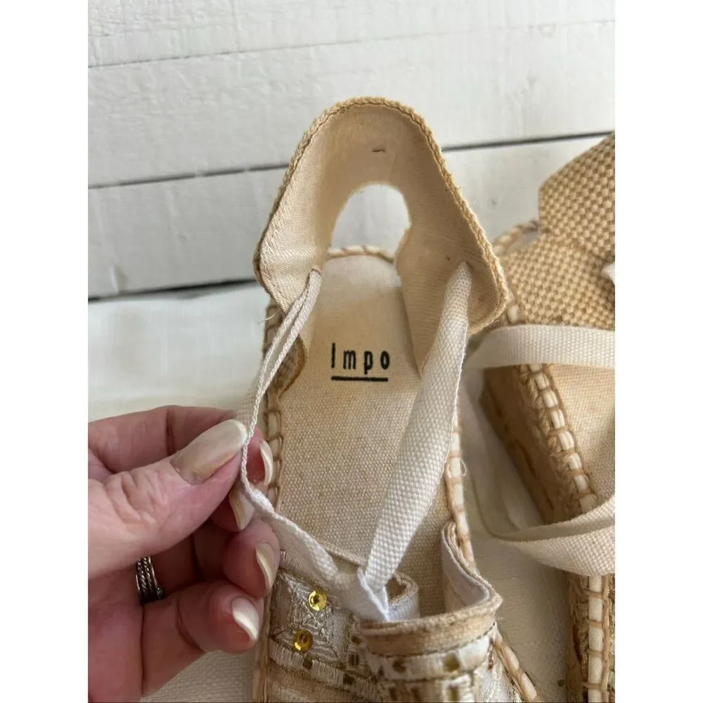 Impo Malibu Espadrille Wedge Sandals Women’s 8M Beige Lace Up Beaded Sequin